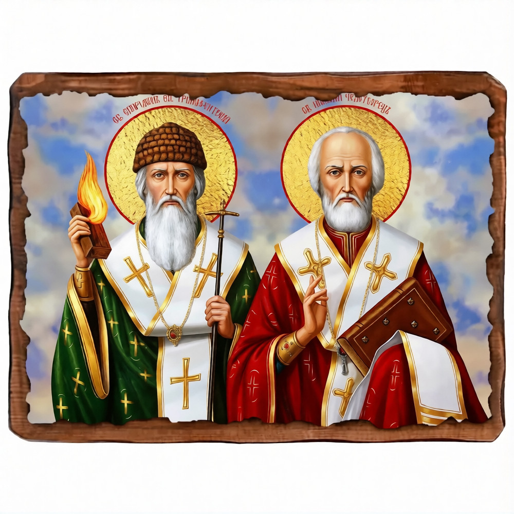 St. Nicholas & St. Spyridon Orthodox Icon on Wood, Christian Wall Plaque