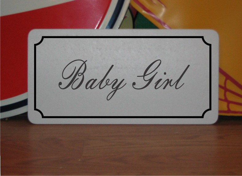 Baby Girl Metal Sign in Fancy Script and Black Border