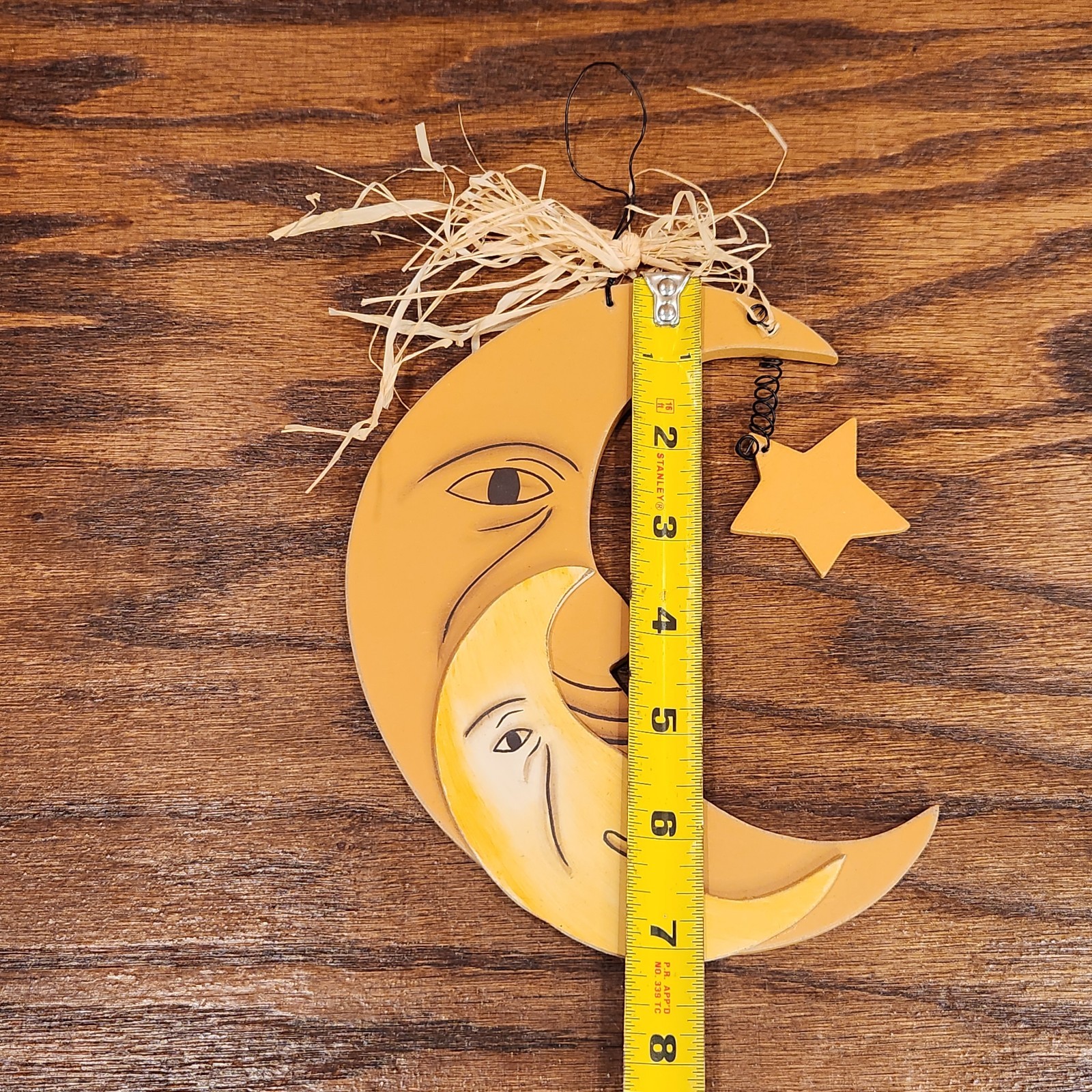 Crescent Moon Face & Star Yellow Light Wooden Hanging Wall Decor Celestial Space