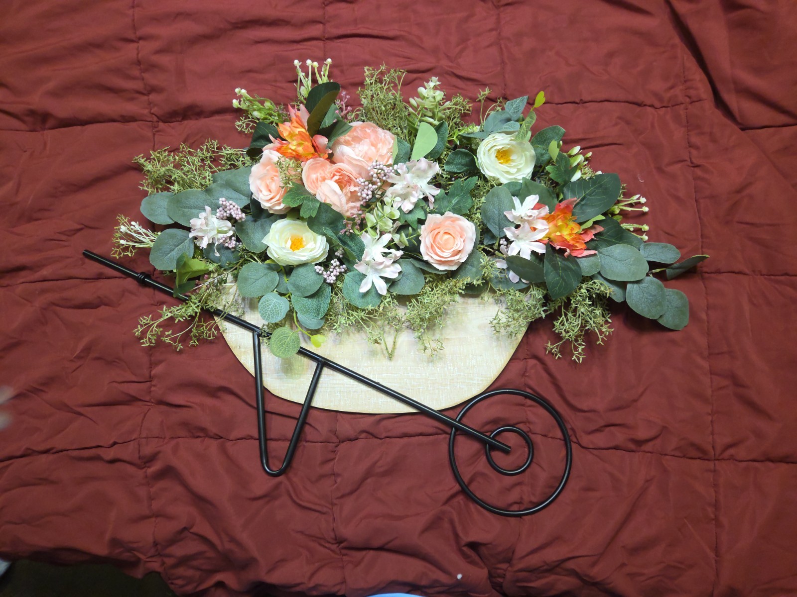 Wheelbarrow Wall Decor with Pink Satin Flowers and Mix Median Color