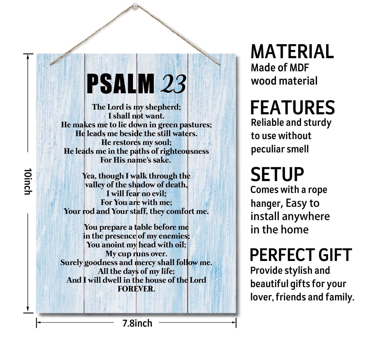 Inspirational Wood Art Sign – Psalms 23 Bible Verse Wall Decor 10×7.8 Inch