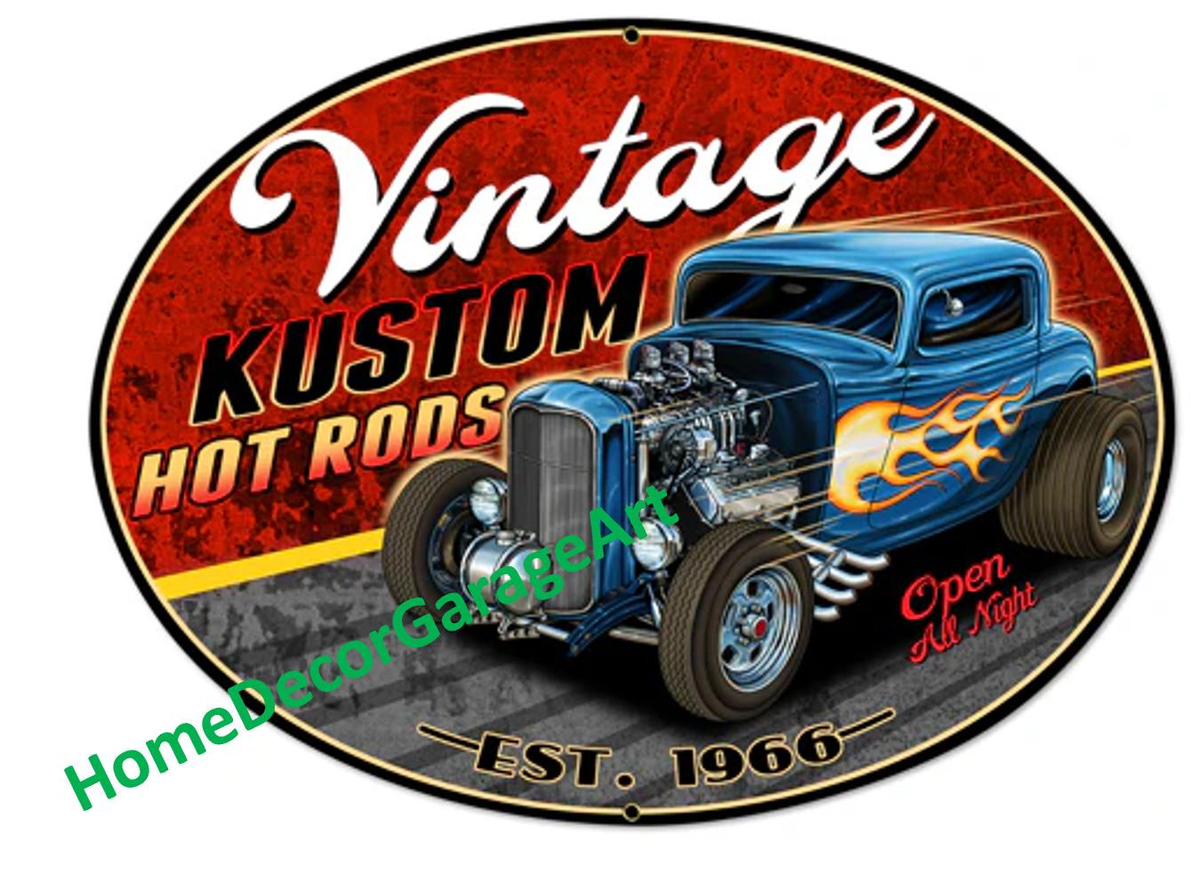Custom Hot Rods Oval Metal Sign, 3 Sizes, Vintage Style Garage Art