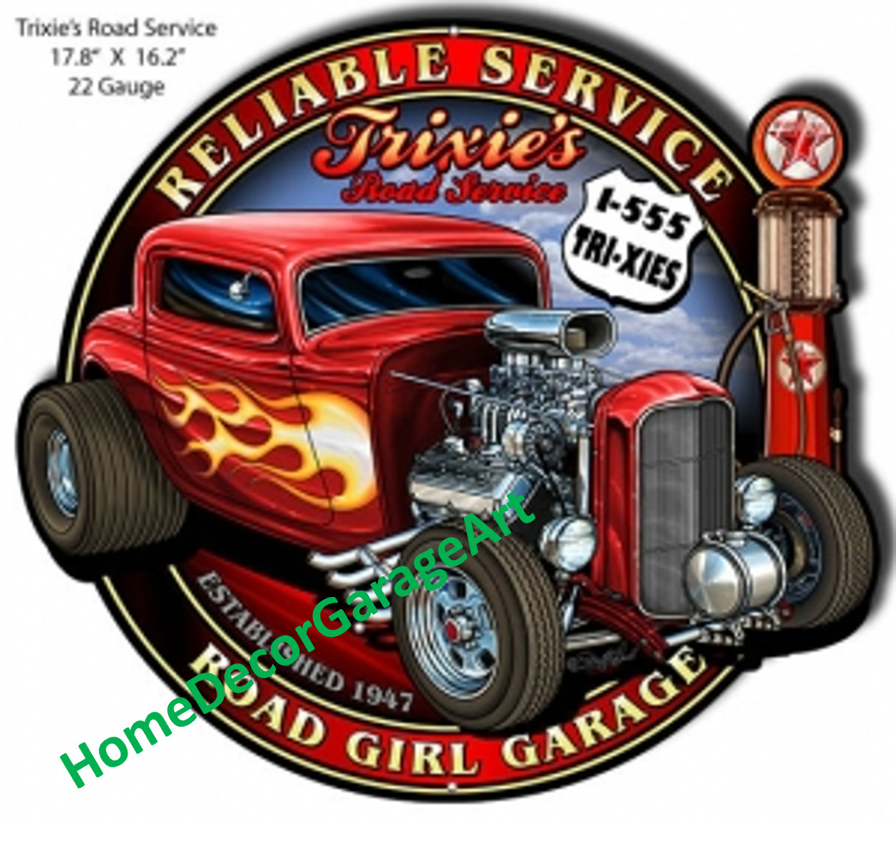 Trixie’s Hot Rod Service Cutout Metal Sign, Garage Art