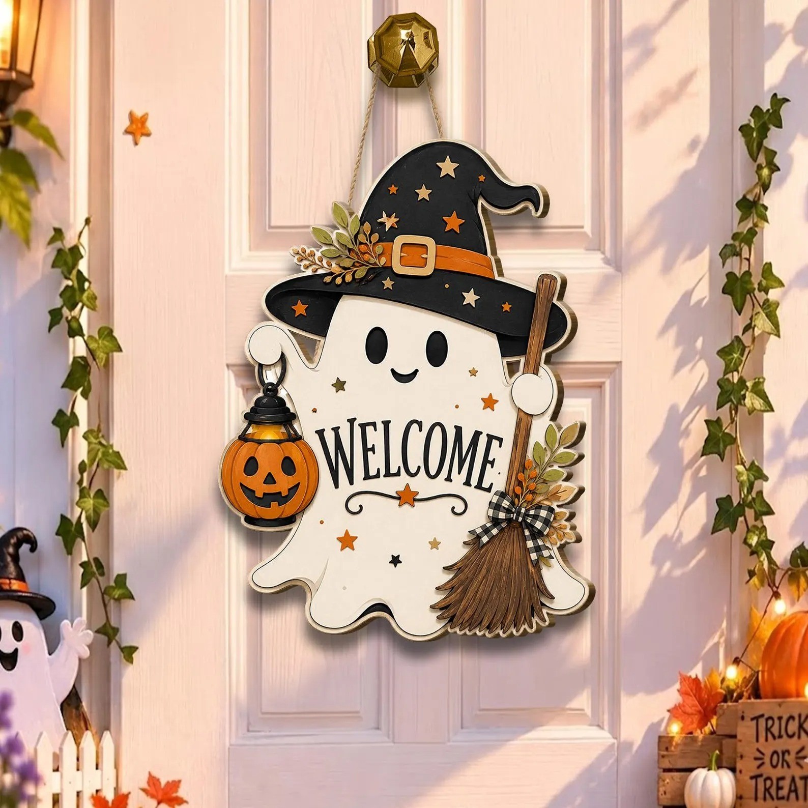 Wooden Halloween Ghost Witch Welcome Sign, Spooky Porch Decor, Pumpkin Lantern H
