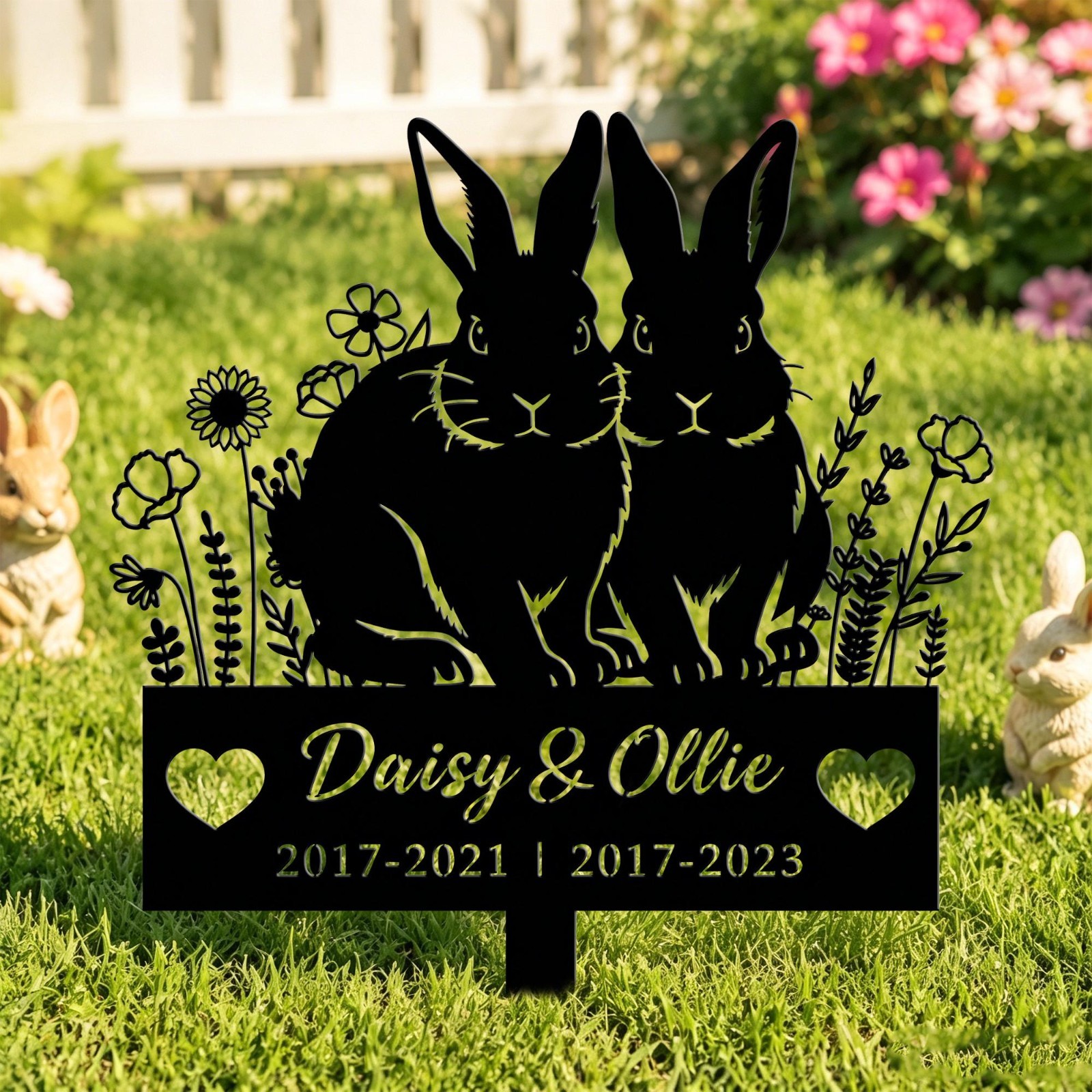 Custom Two Rabbit Pet Memorial Metal Stake, Rabbit Lover Sympathy Gift