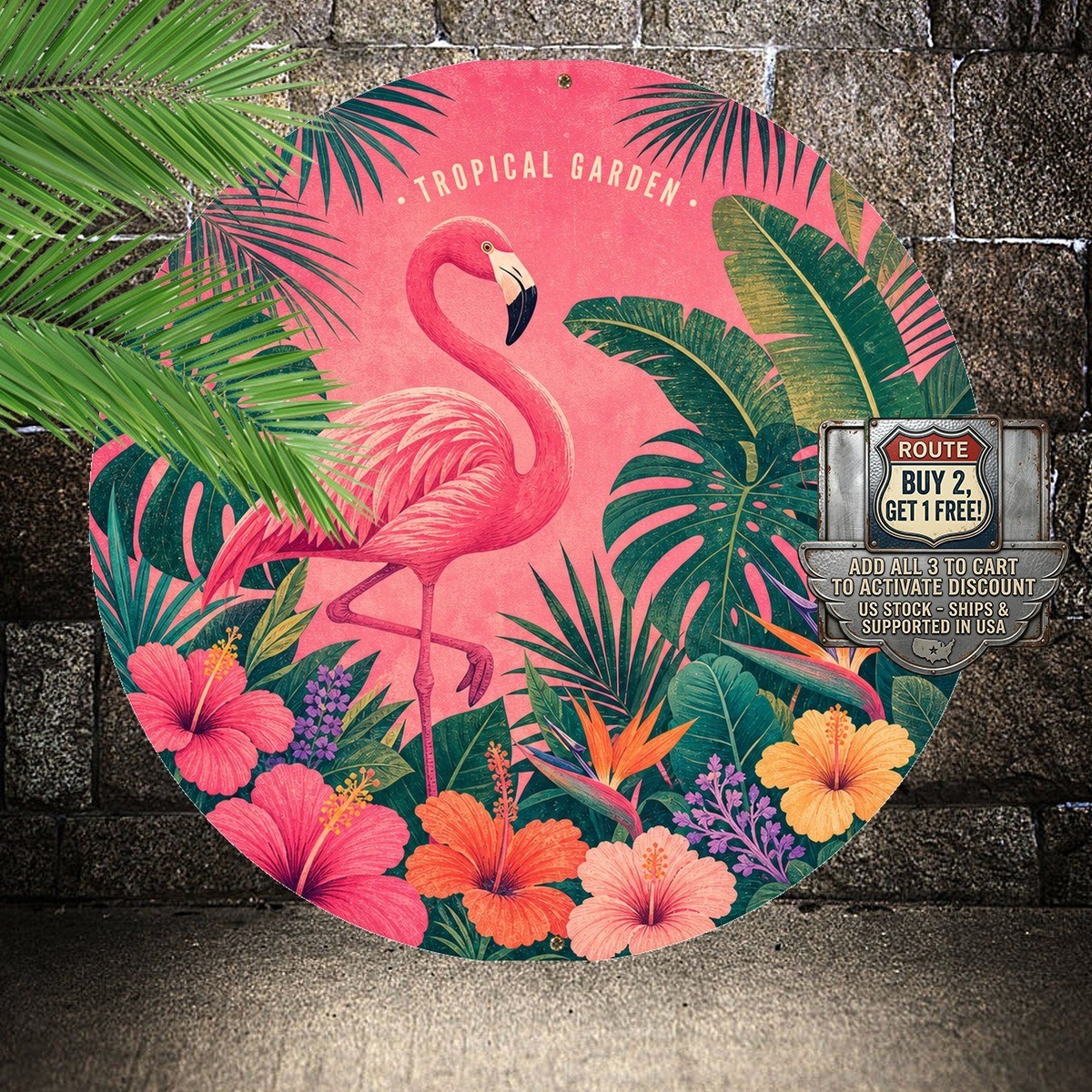 Pink Circle Flamingo Lush Palm Tree Sign Round 8×8 inch Exotic Island Decor