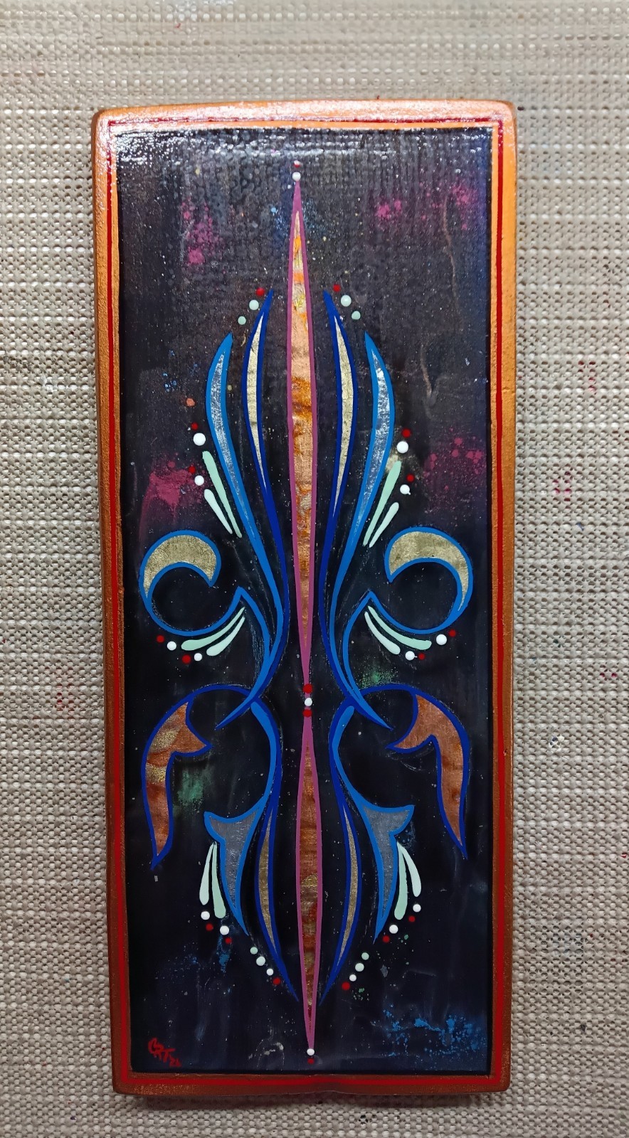 5.5×13 original hand painted pinstripe wall art w/ gold/silver leaf on 1/2″ wood