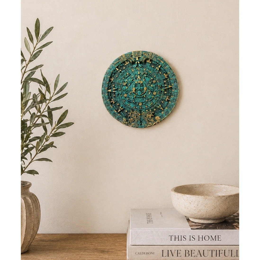 Aztec Sun Wall Plaque Large Green Gold Calendar Wall Resin Vintage