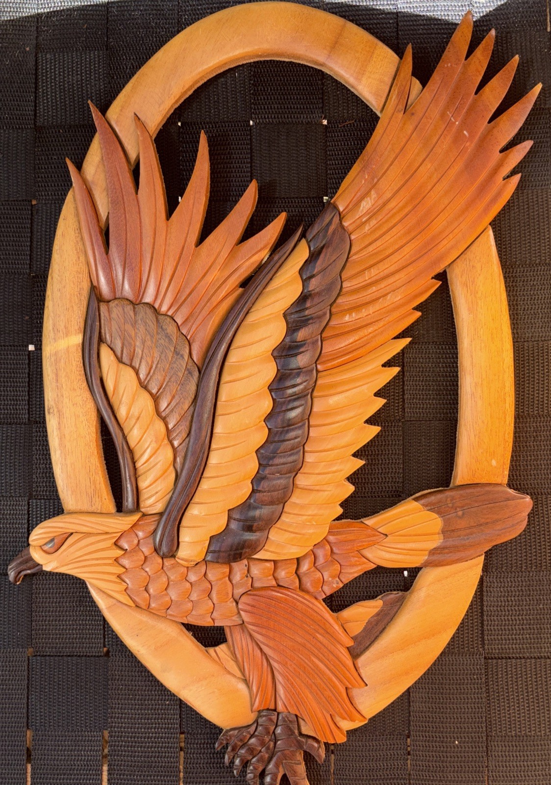 Flying Eagle Intarsia wood wall hanging hand crafted home decor 16”x 10″ x 0.5″
