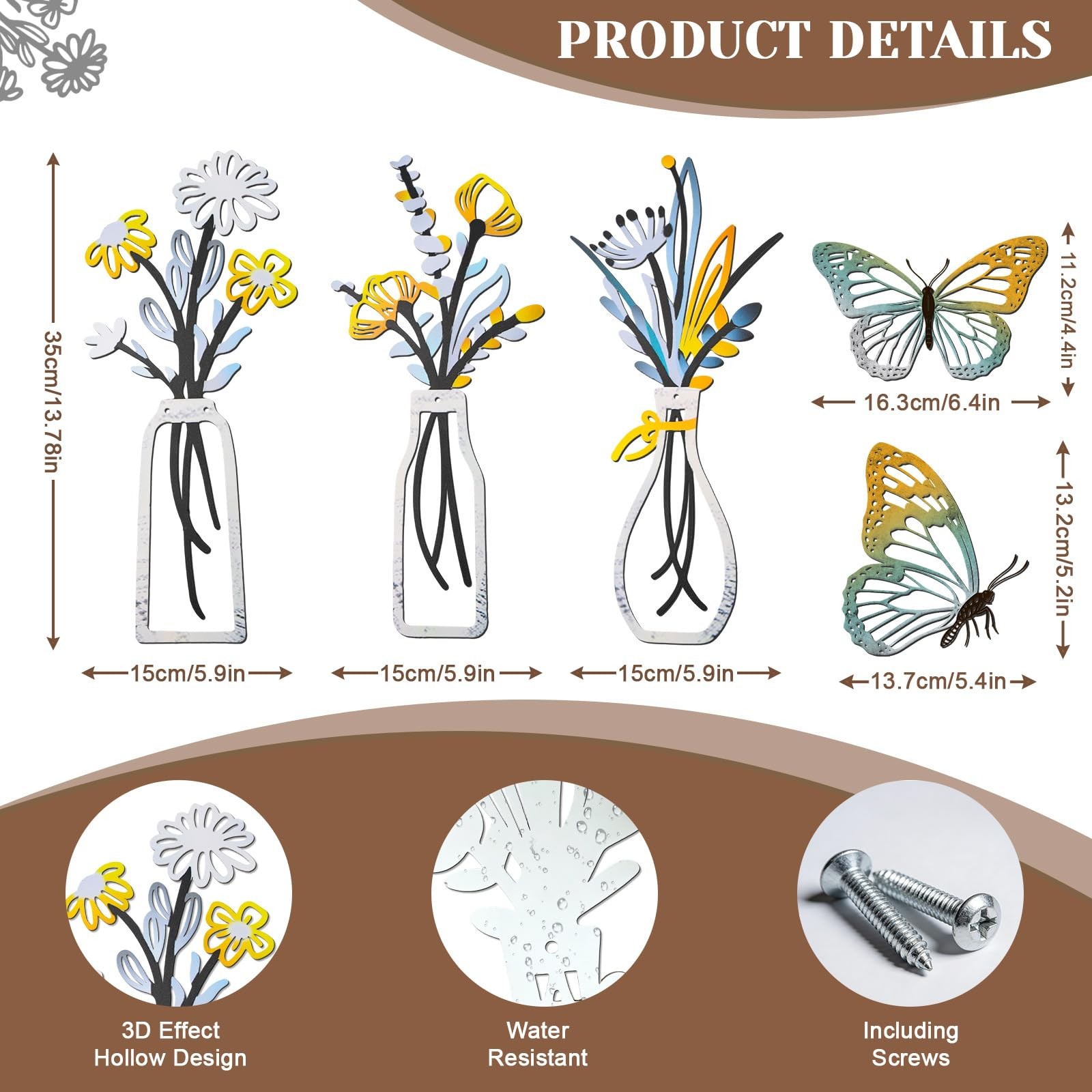 5 Pcs Metal Flowers Wall Arts – Rustic Farmhouse Decor Metal Vase Flowers Wal…