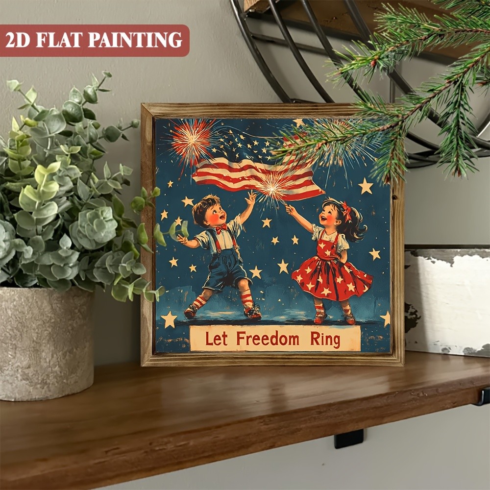 4th of July Wooden Plaque Let Freedom Ring Retro Patriotic Kids Wall Art Decor