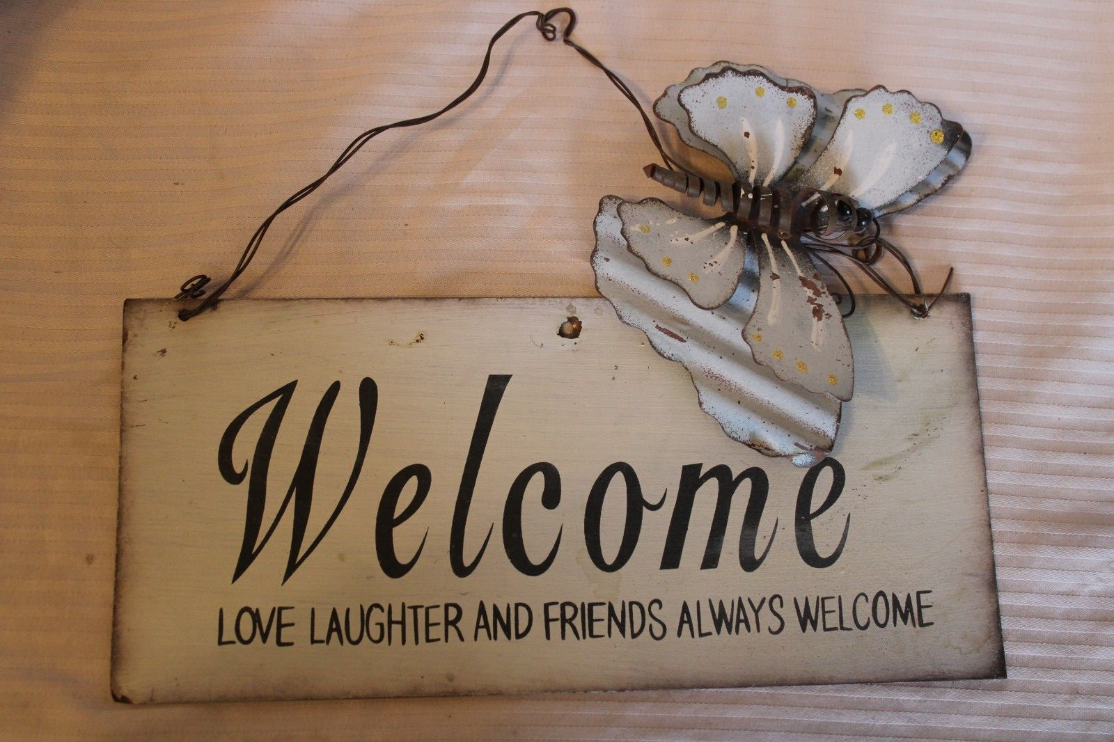 Hand Made Metal Welcome Sign With Metal Butterfly Unique Design