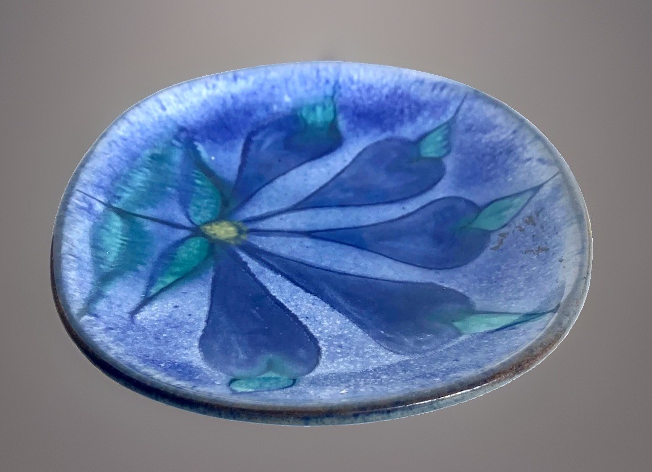 Original OOAK Pottery Wall Plaque, Stylized Blue Flower5-3/4″ Long, Chop Mark