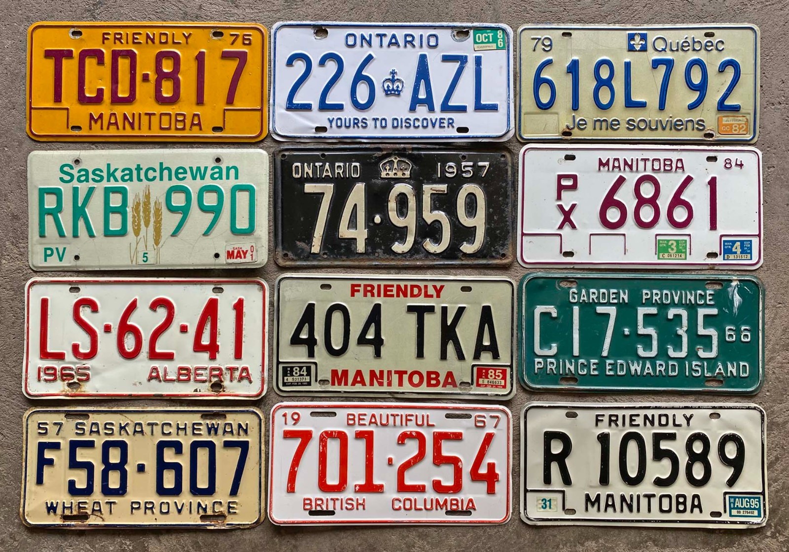 Vintage Canada Decorator Flea Market License Plate Lot AB BC MB OT PEI QC SK