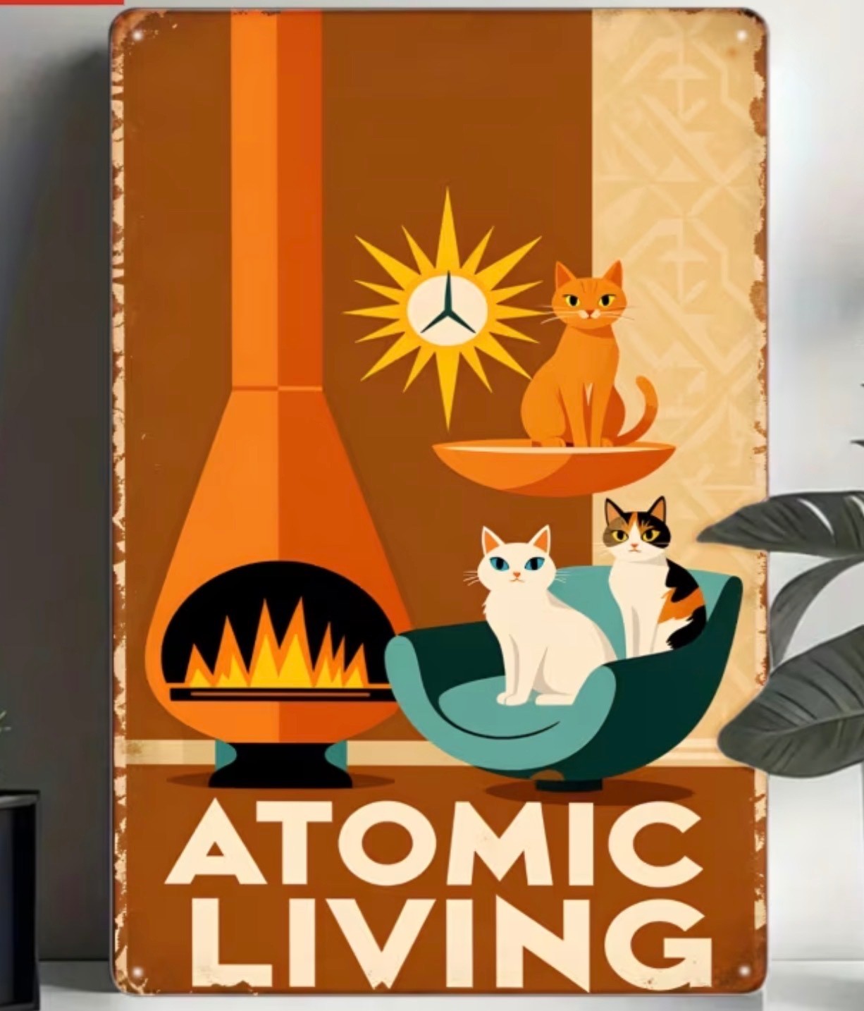 ATOMIC LIVING- Wall Art 8X12 Inches metal Sign, Mid Century Modern-NEW