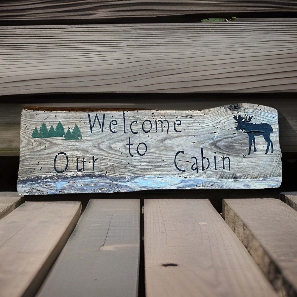 Cabin Wall Decor Welcome Sign Board Rustic Camping Moose Trees Painted