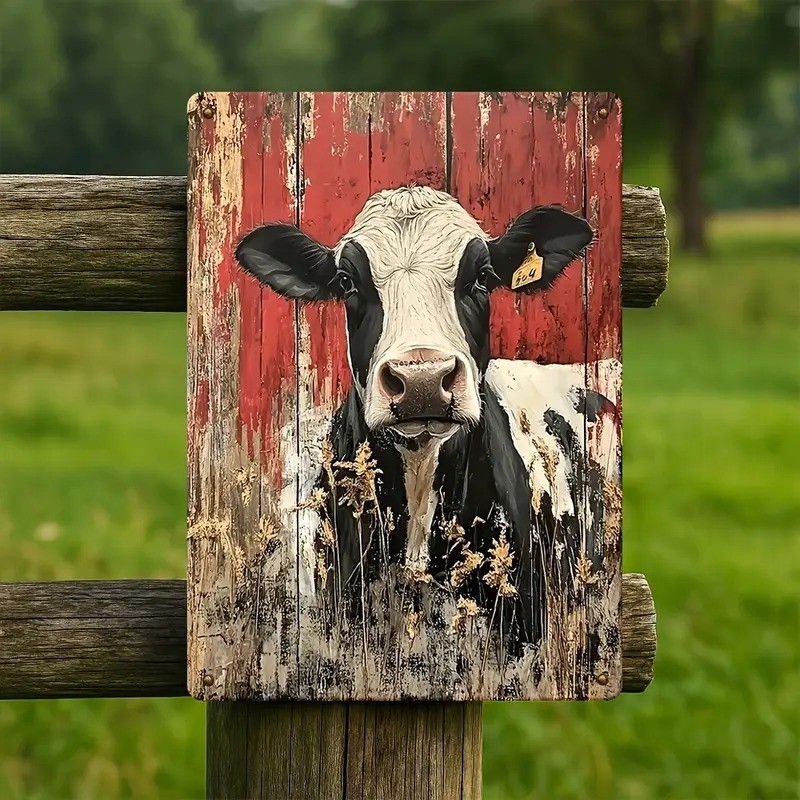 Rustic Barn Cow Metal Sign – Vintage Farmhouse Black and White Tin Decor