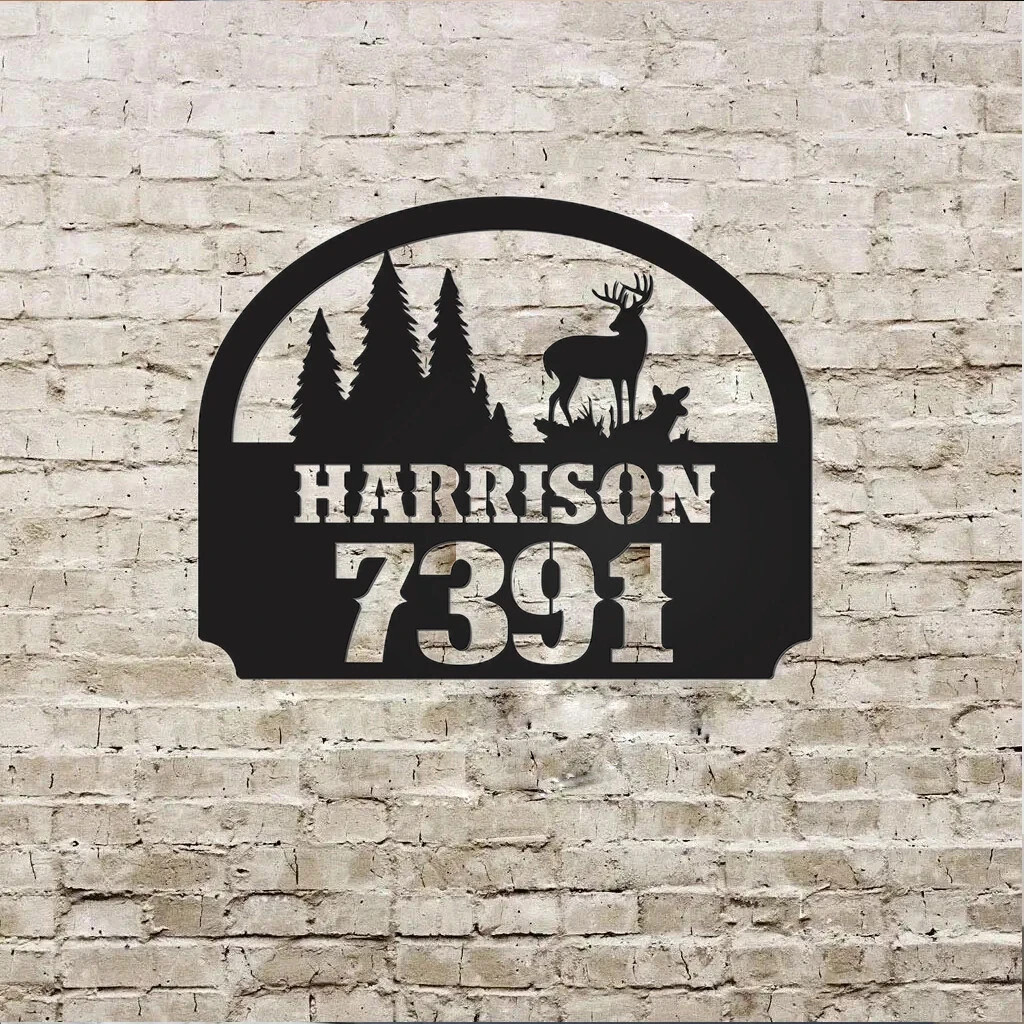 Personalized House Number Metal Sign Custom Name Deer Scene Wall Art Decor