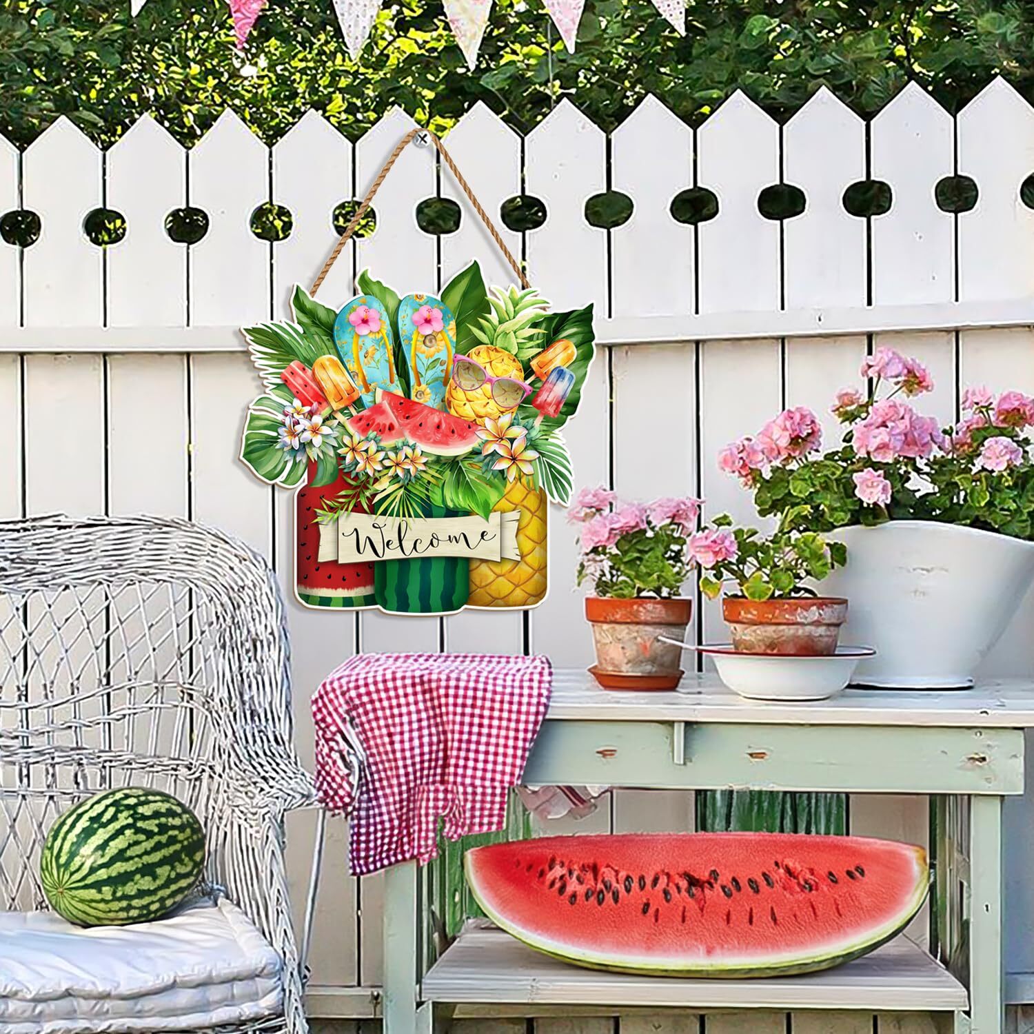 Summer Decorations Flowers Ice Cream Watermelon Wooden Door Wall Hanging Sign