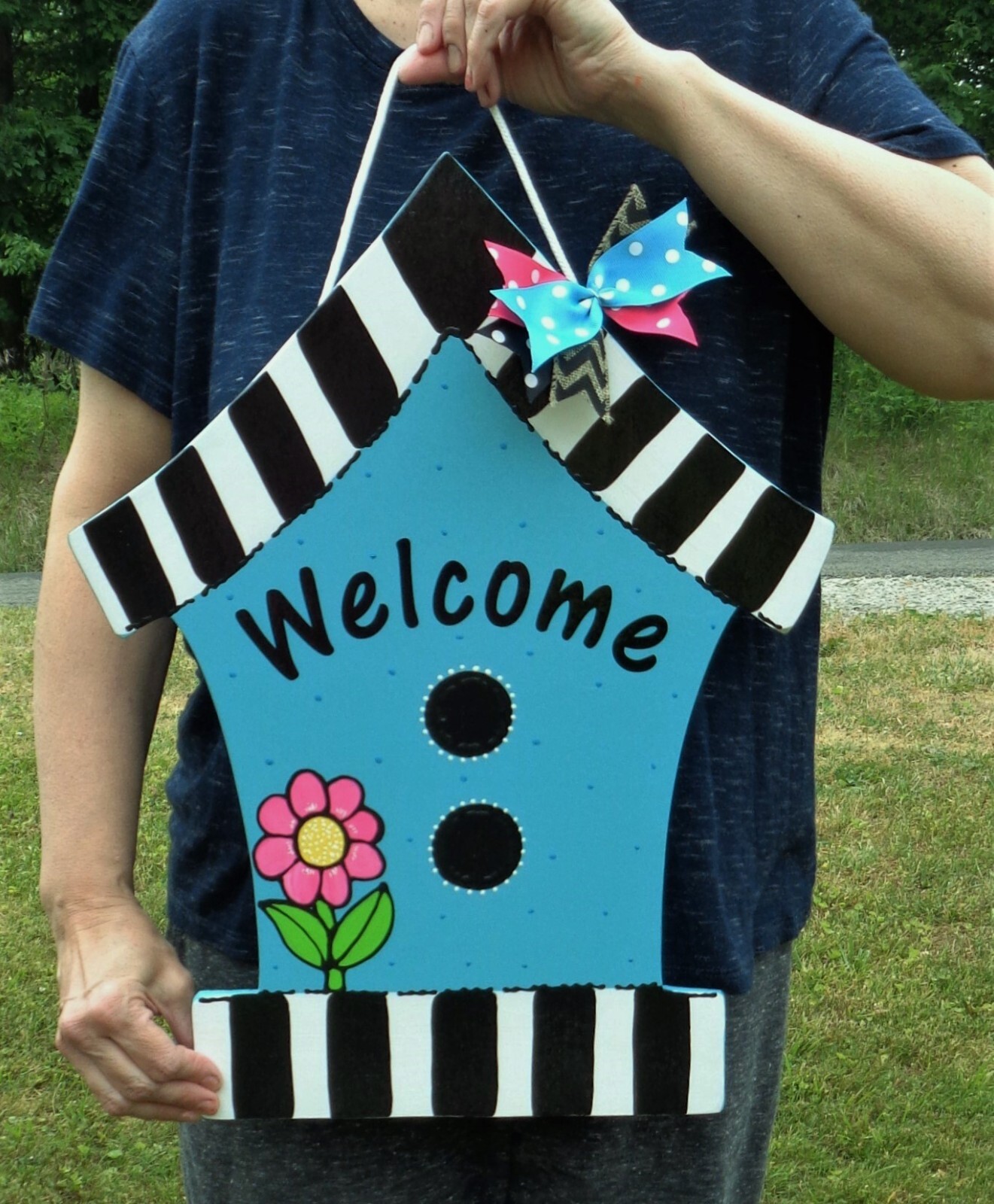 WELCOME Birdhouse Sign Plaque Wood 18″ Turquoise Hand Painted Indoor/Outdoor