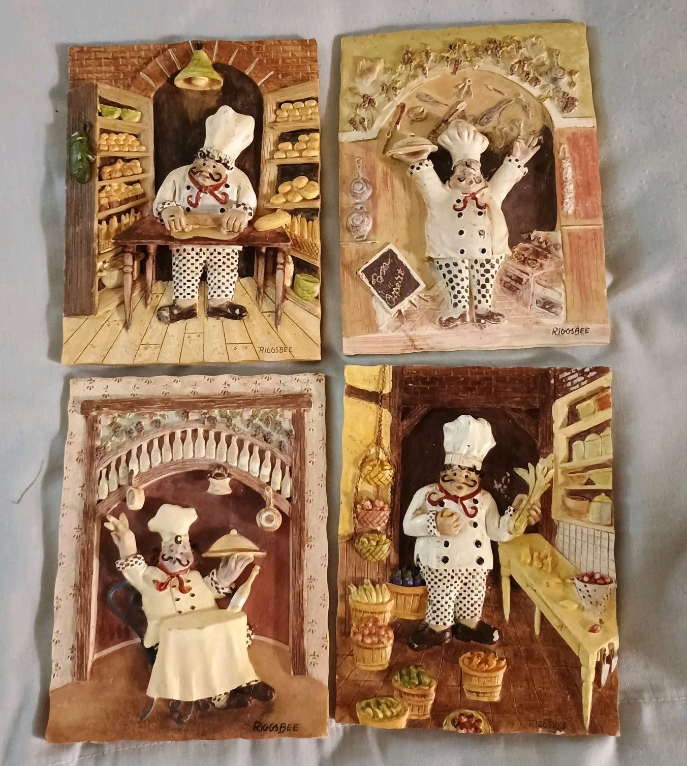 Set Of 4 Riggsbee Vintage Fat Chef 6″ x 5″ Resin 3D Wall Plaques