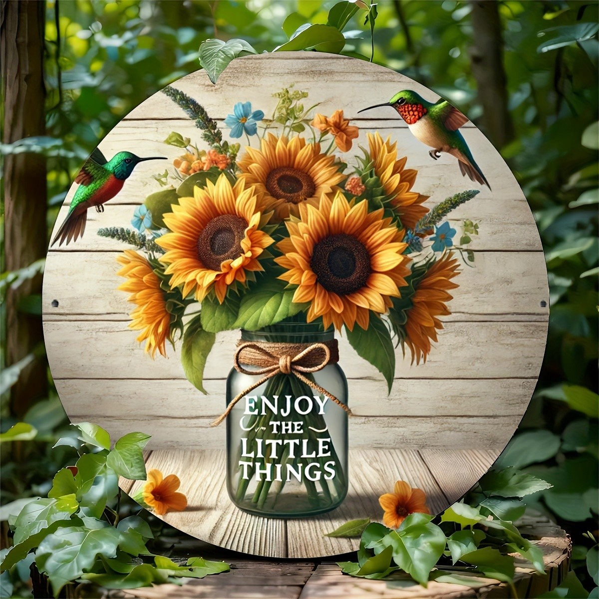 Sunflowers And Hummingbirds 2D Wall Art: Tin Metal Signs 8X8 Inch (20X20Cm) with