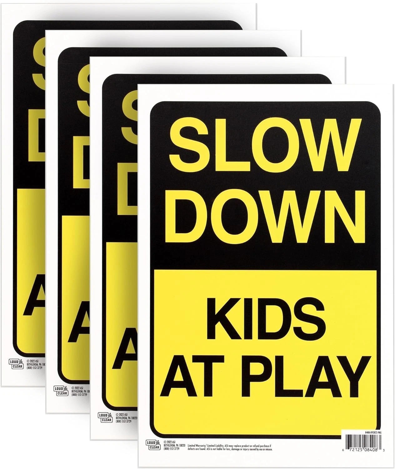 Slow down Kids at Play Sign, 4-Pack, 12X8 Inches – Kids at Play Safety Signs for