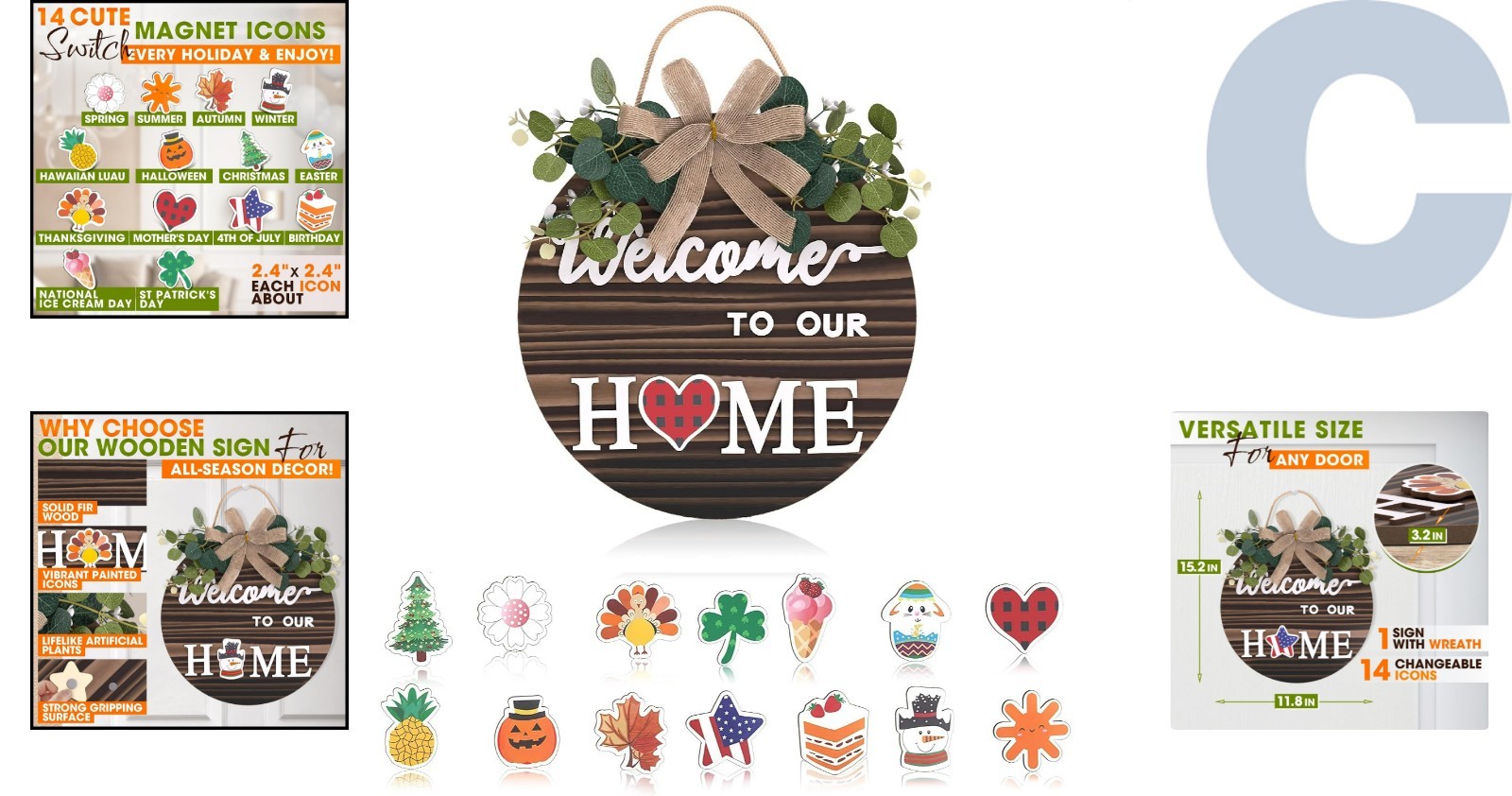 Durable Welcome Sign – Rustic Fir Wood & 14 Magnetic Icons for Indoor/Outdoor