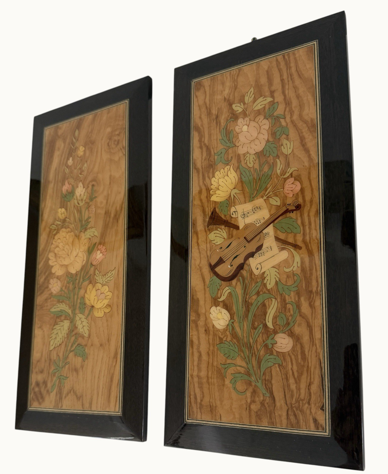Vintage Italian Marquetry Wall Art Carved Wood Inlay Floral Violin Handcrafted