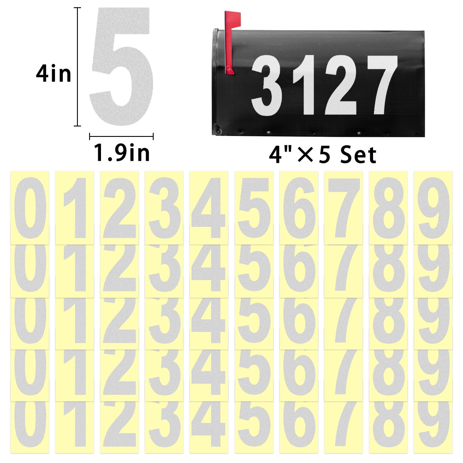 4 inch Reflective Mailbox Numbers Sticker (0-9, 5 Sets) for Outside, Strong Self