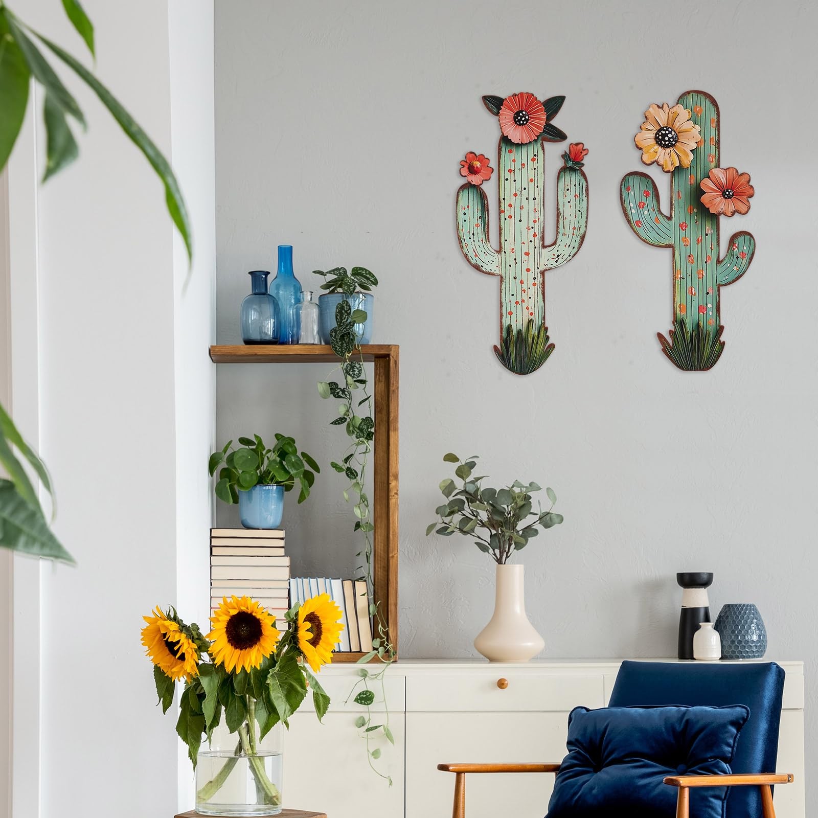 2 Piece Metal Cactus Wall Decor, 13×6.3 Inch Laser Cut Desert Western Art, Ru…