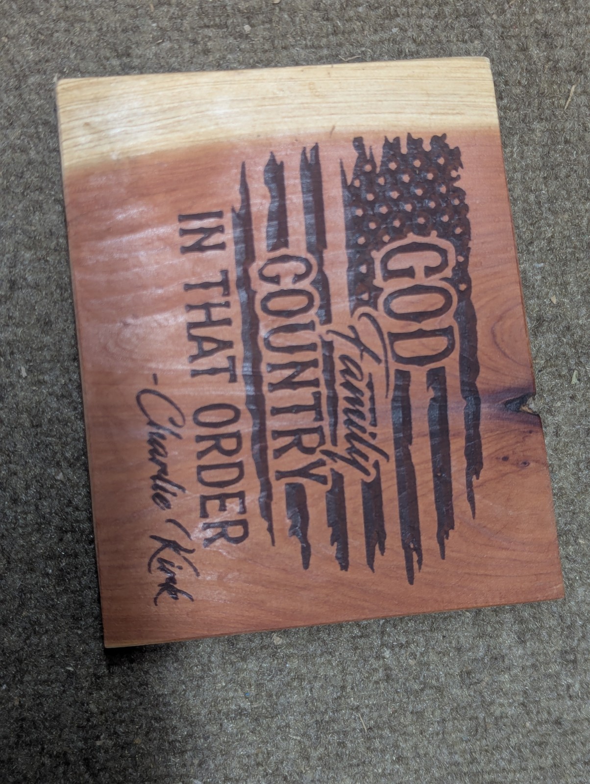 Red Cedar Laser Etched Wall Art” Charlie Kirk”