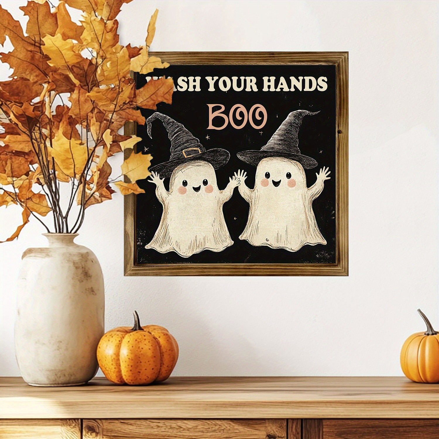 Wooden Frame Print Wash Your Hands Boo Ghost Witch Hat Halloween Wall Decor