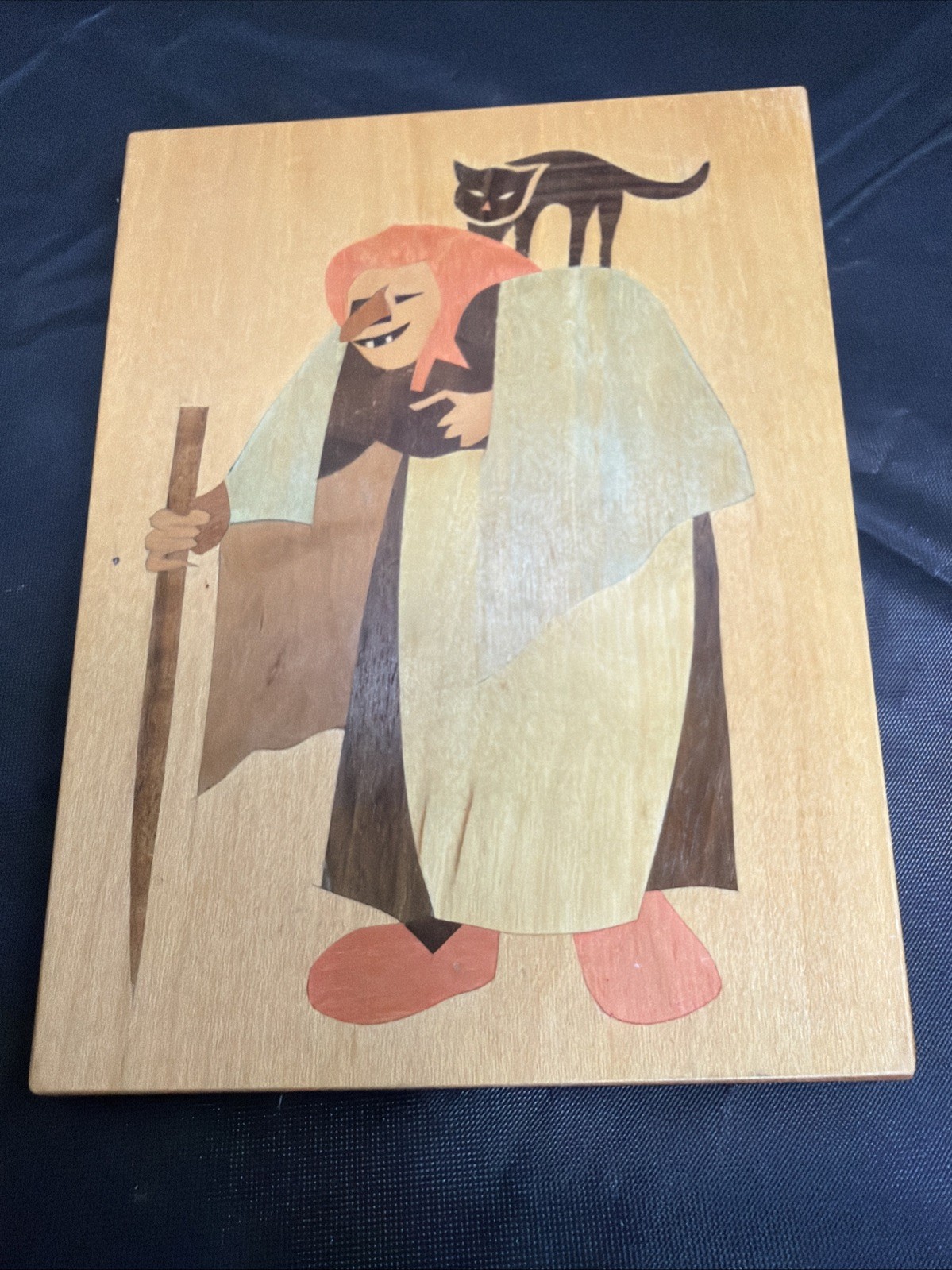 marquetry Wood Inlay Picture Witch Cat Gnome Wall Plaque Snow White Rose Red ?