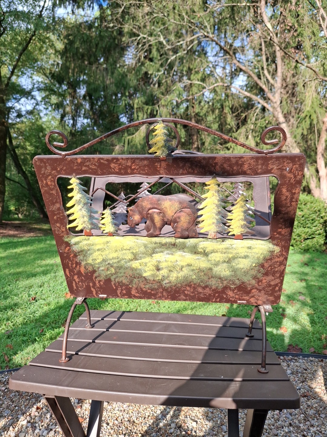 Firewood Carrier Holder Magazine Metal Silhouette Cut Out Bear Trees Cabin Woods