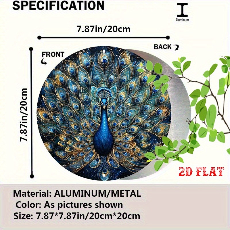 Decorative Metal Sign Luxurious Peacock with Blue and Gold Feathers Wall Art