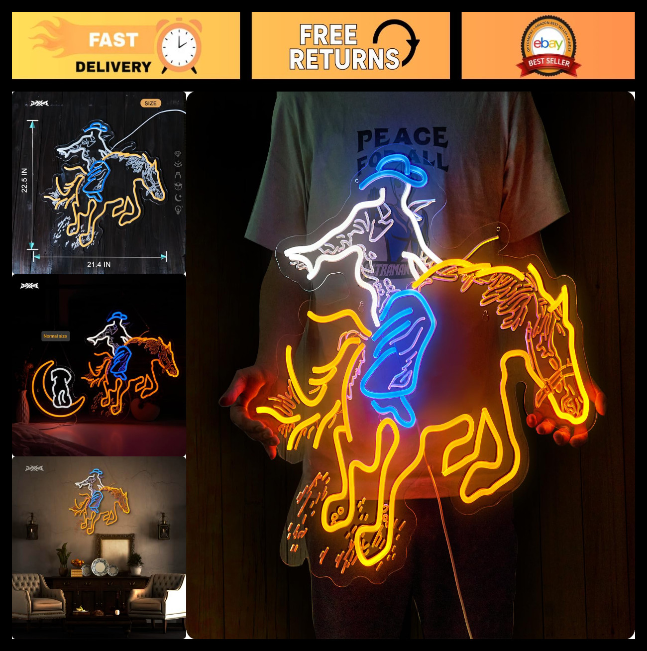 Large Cowboy Neon Wall Sign – Hip Hop Party Decor for Teen Room, Man Cave, Bar,