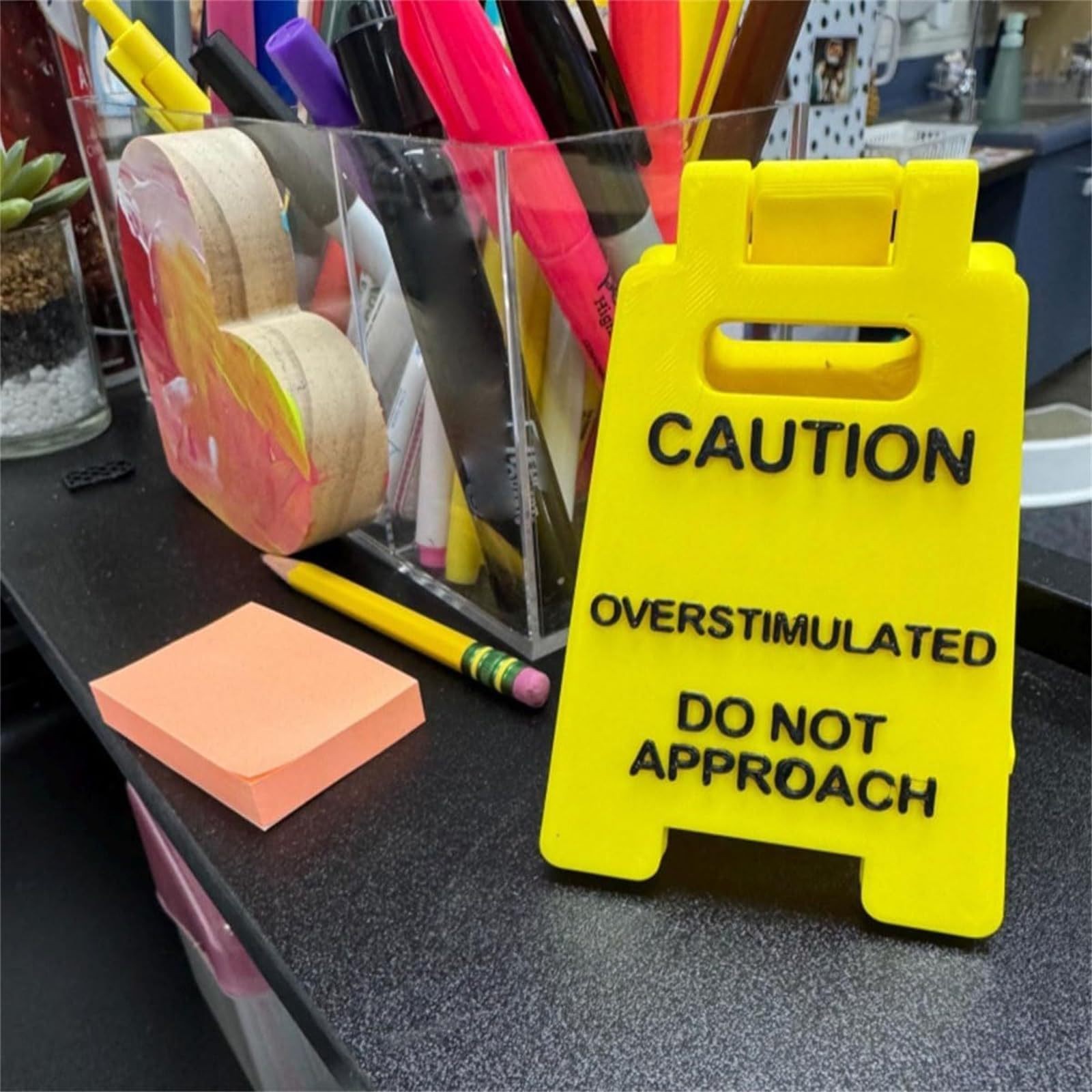 Overstimulated Alert Desk Sign – Yellow w/Black Words, Humor Gift for Colleagues