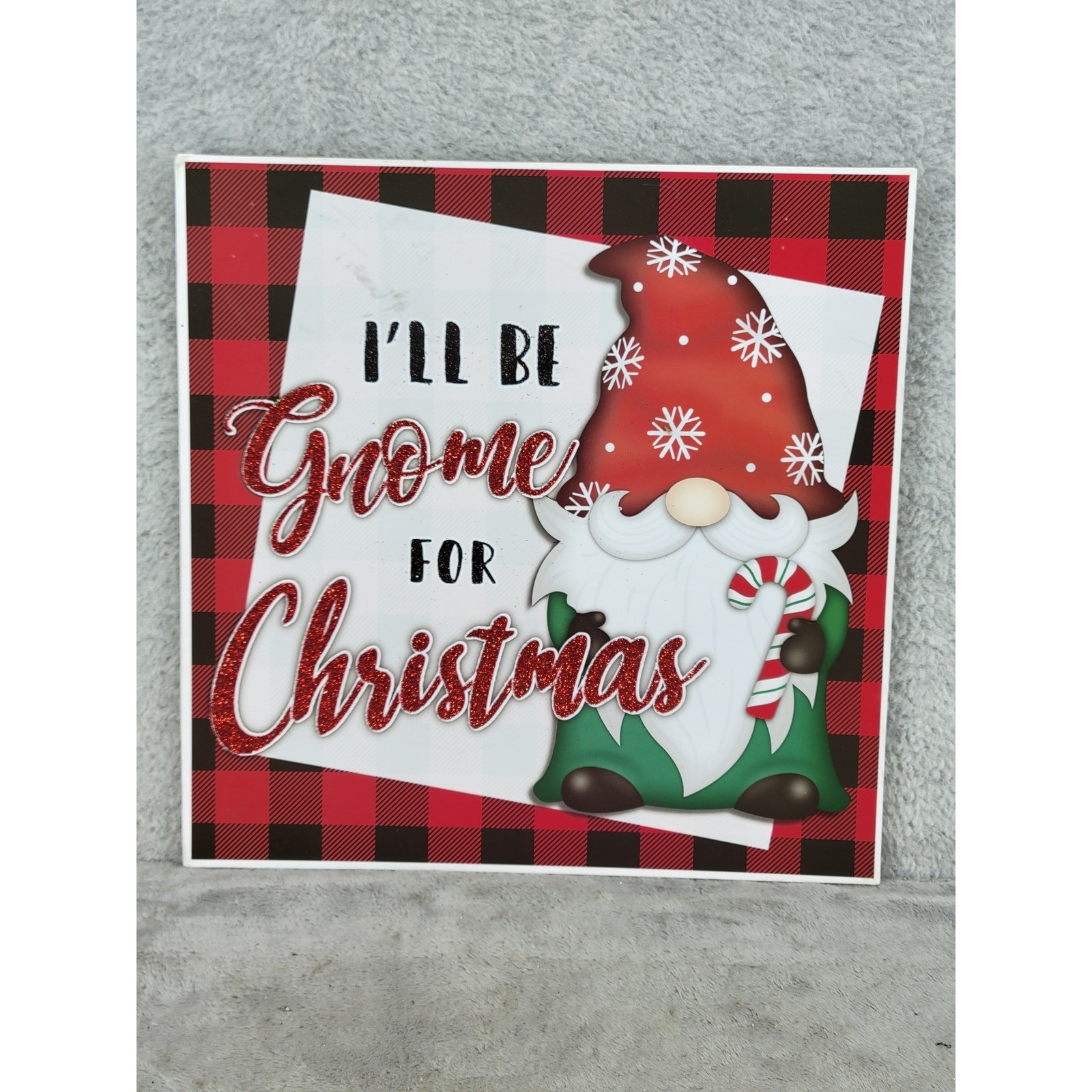 Christmas House Gnome For Christmas Wall Decor Buffalo Plaid Glitter Sign 12×12