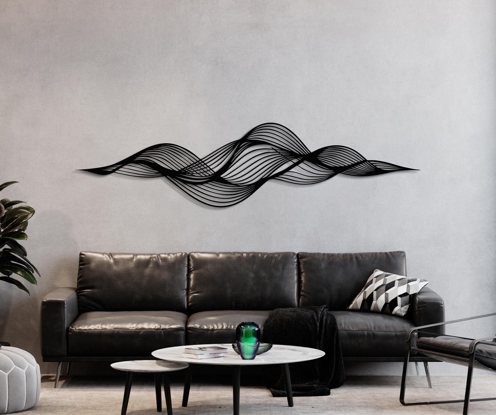 Modern Abstract Flow Metal Wall Art, Horizontal Wave Design, Minimal Black Metal