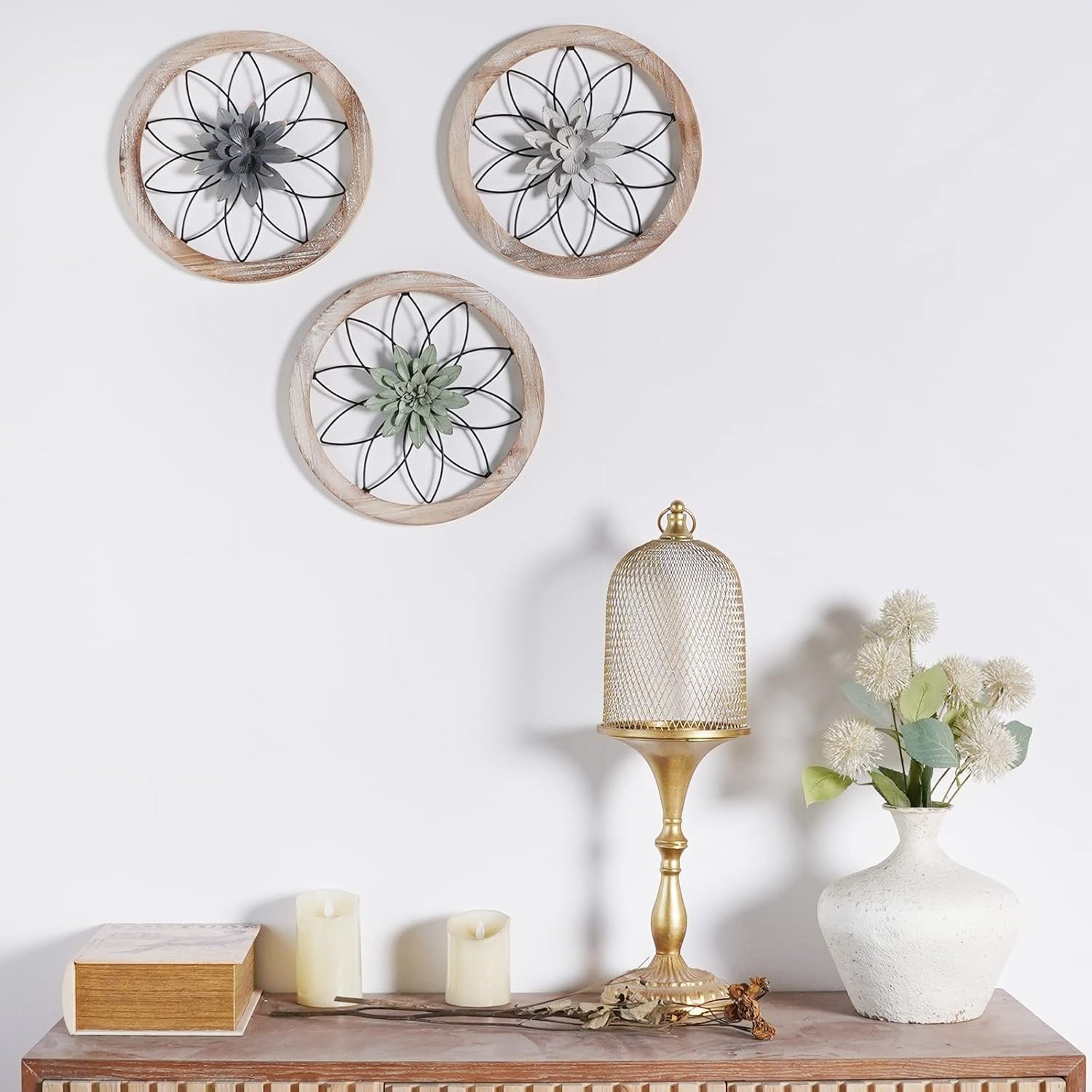 Farmhouse Wood Metal Wall Art Interchangeable Floral Decor For Living Room