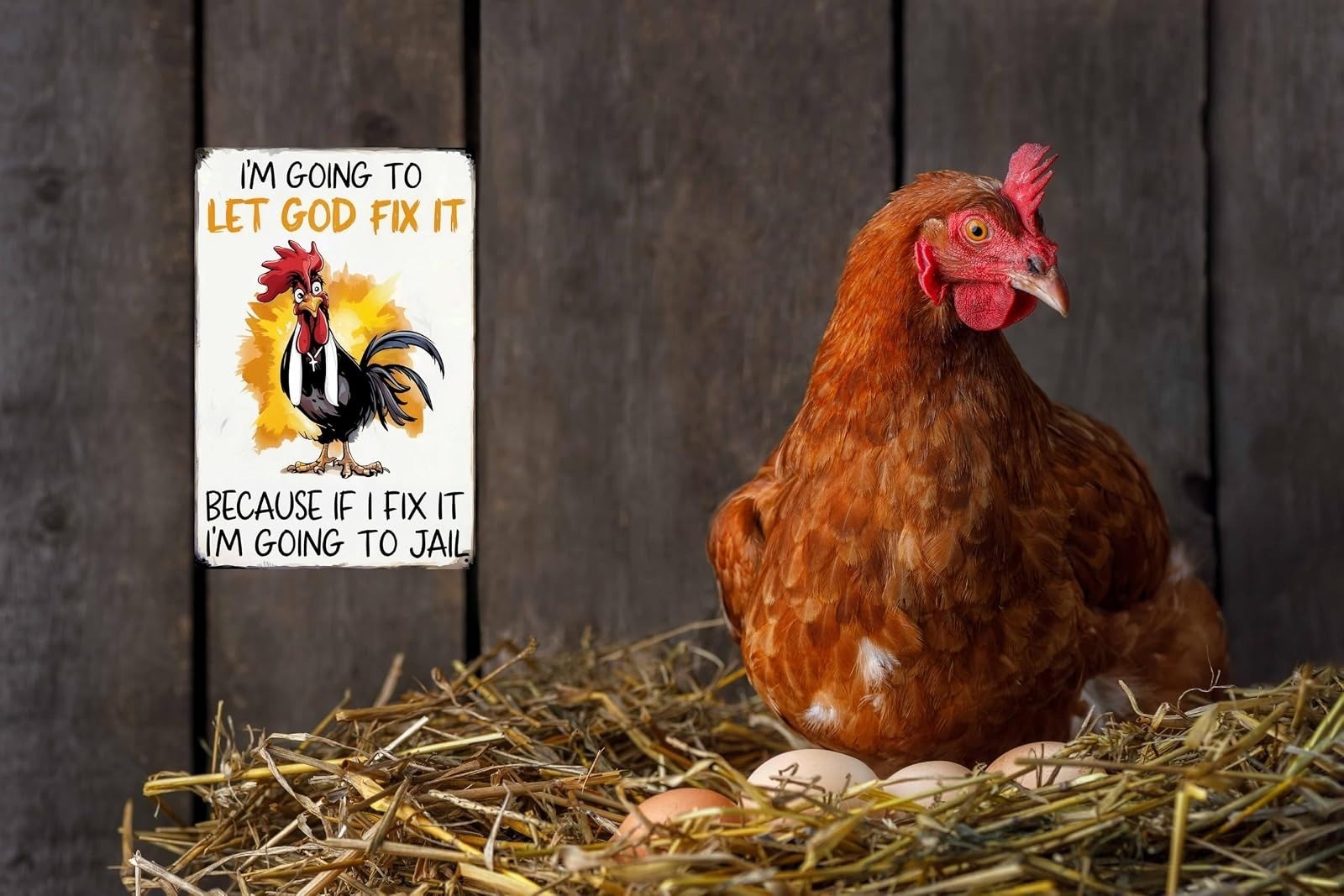 Funny Chicken Tin Sign – Let God Fix It – Farmhouse Decor 8×12 in