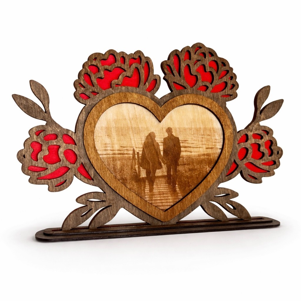 Custom Engraved Photo on Wood with Roses – 14×14″ Multi-Layer Keepsake