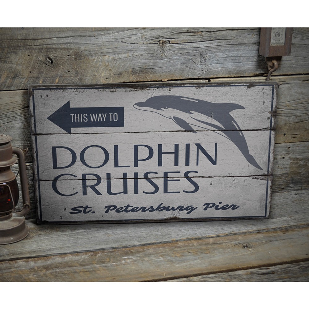 Dolphin Cruises This Way Vintage Distressed Sign, Personalized Wood Sign