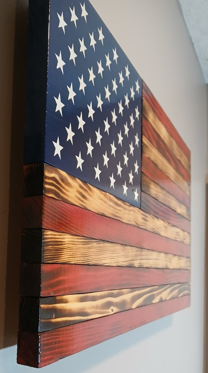 RUSTIC WOODEN AMERICAN FLAG HANDCRAFTED BURNT 25″ x 13.5″ 50 STARS IN STOCK