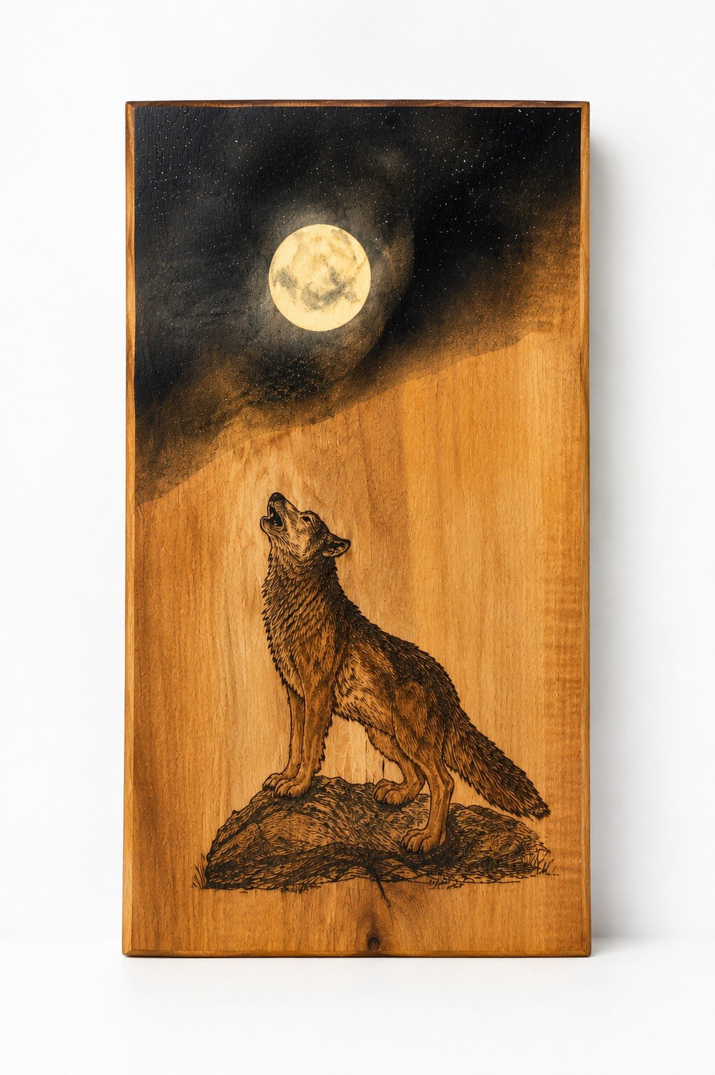 Handmade Live Edge Wood Wall Art Engraved Howling Wolf Moon Rustic Cabin Decor