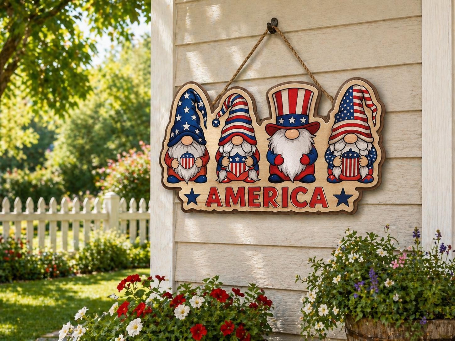 Patriotic Gnome Star Wooden, USA 250th Anniversary Wooden 2 Layers, Wood Wreath