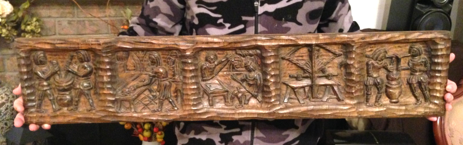 VTG. Hand Carved Wood Story Board Wall Panel 39.5” Folk Art Architectural OOAK