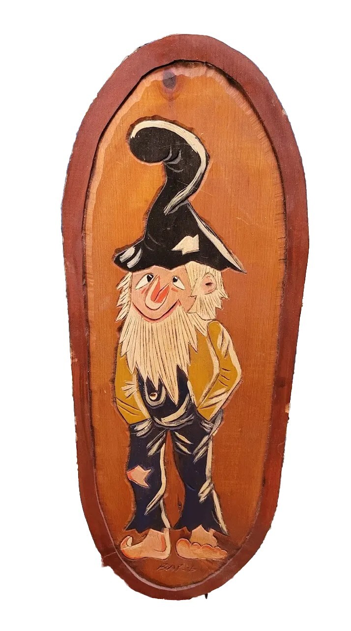 Vintage Handmade Carved Painted Country Rustic Wooden Wall Hanging Plaque Man