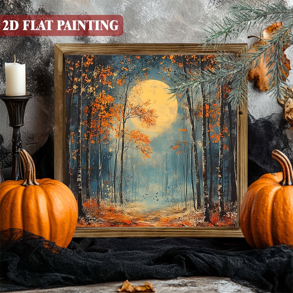 Wooden Frame Print Full Moon Autumn Forest Night Oil Painting Wall Decor